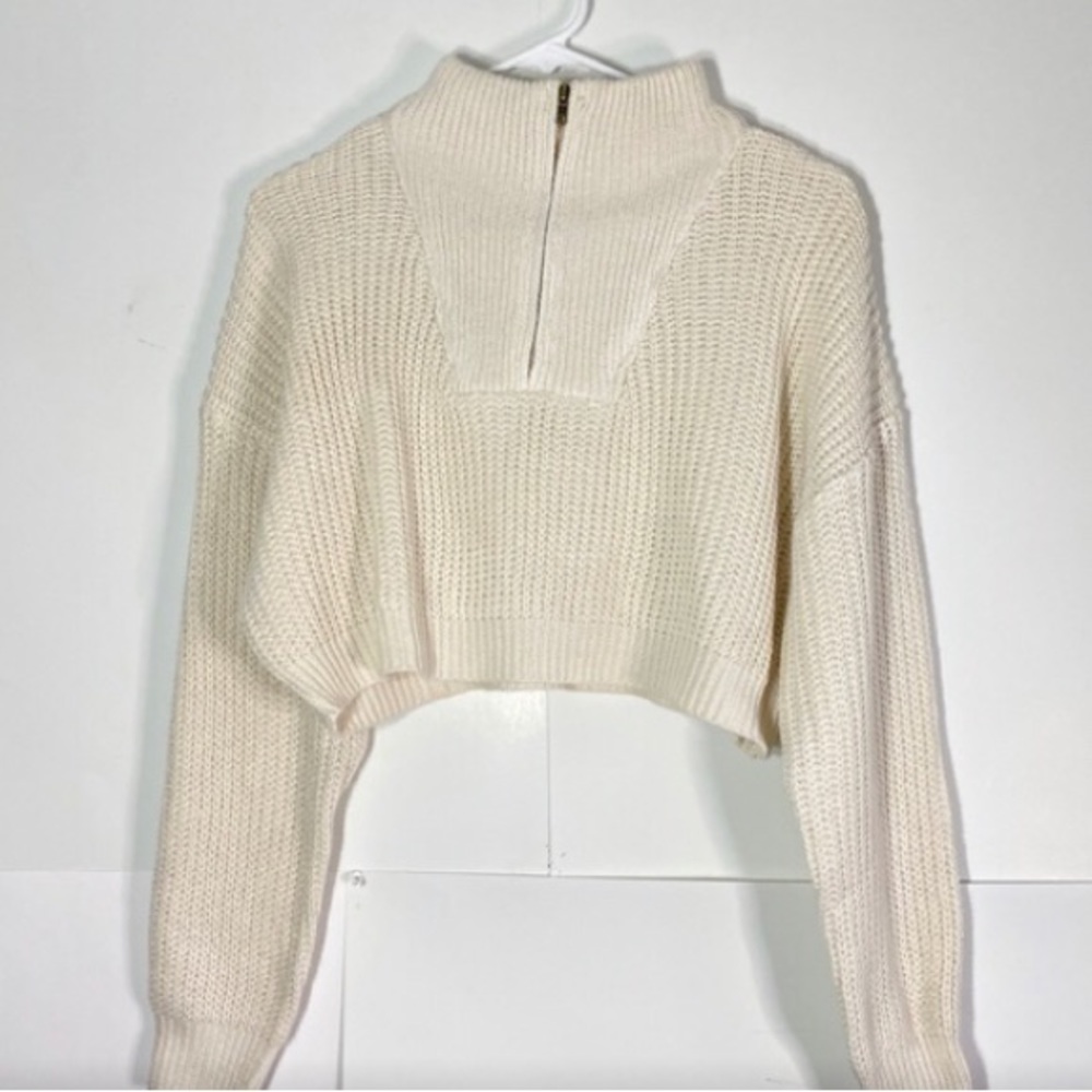 SHEIN Ivory 1/4 Zip Cropped Knitted Sweater | Large
